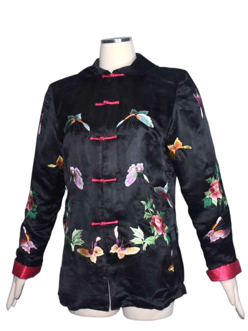 Vintage Black Silk Embroidered Butterfly Peony Floral Quilted Chinese Jacket M